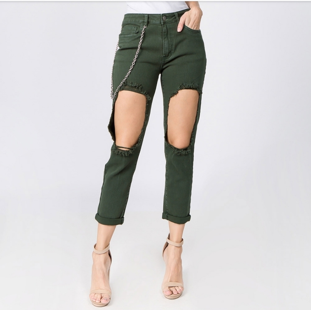 Green High Waist Cut Out Boyfriend Denim Jeans